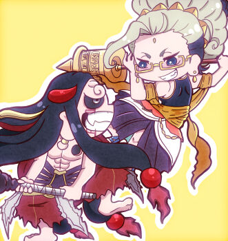 2boys absurdres barefoot beads bindi black_background black_footwear black_hair black_robe black_sclera black_tank_top blonde_hair blue_eyes buddha_(shuumatsu_no_valkyrie) chain chibi colored_sclera colored_skin crown crown_hair_ornament crown_ornament derutta earrings facial_mark facial_tattoo fangs forehead_mark furrowed_brow glasses gold_crown gold_earrings gold_ribbon gold_trim grey_eyes hair_beads hair_bun hair_ornament half-closed_eyes highres holding holding_staff hole hole_in_chest hole_on_body horns japanese_clothes jewelry long_hair looking_at_another loose_hair_strand male_focus multicolored_hair multiple_boys muscular muscular_male orange_robe pants pectorals pink_glasses ponytail rectangular_eyewear red_horns red_pants red_tattoo robe shirtless_male shuumatsu_no_valkyrie smile staff tank_top tattoo teeth toned toned_male topless_female two-tone_hair weapon white_robe yellow_background yellow_trim zerofuku_(shuumatsu_no_valkyrie)