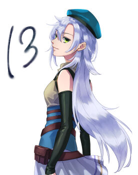 1girl bare_shoulders beret blue_hat bob_cut breasts closed_mouth clothes_lift commentary_request countdown detached_sleeves eiyuu_densetsu fie_claussell floating_hair from_side green_eyes hair_between_eyes hat highres kuro_no_kiseki_(series) kuro_no_kiseki_i lll15u18 long_hair looking_at_viewer parted_bangs simple_background skirt skirt_lift small_breasts smile solo upper_body white_background white_hair