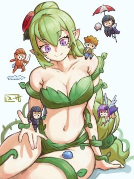 Rule 34 | 2girls, 4boys, armor, artagoneztic, bare shoulders, bikini, breasts, brown hair, cleavage, collarbone, dress, dryad, dryad (terraria), fairy, flower, grass, green hair, guide (terraria), hair flower, hair ornament, holding, knight, long hair, multiple boys, multiple girls, navel, orange hair, pants, plant, plant clothing, pointy ears, purple eyes, purple hair, red flower, shirt, short hair, simple background, sitting, sitting on shoulder, size difference, slime (substance), solo focus, swimsuit, terraria, thick thighs, thighs, umbrella, vines, wand, weapon, white background, wide hips, wings