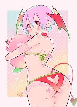 Rule 34 | 1girl, artist name, ass, ass cutout, back, backboob, bikini, blush, breasts, butt crack, capcom, clothing cutout, cowboy shot, darkstalkers, demon girl, demon tail, dot nose, eyelashes, female focus, from behind, head wings, heart, heart cutout, highres, holding, holding pillow, huge ass, lilith (darkstalkers), looking at viewer, looking back, matching hair/eyes, open mouth, petite, pillow, pink eyes, pink hair, red bikini, short hair, small breasts, solo, standing, swimsuit, tail, wide hips, wings, y.o (chuchu)
