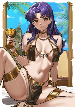 1girl ancient_egyptian_clothes armlet blue_sky bracelet breast_curtains breasts cloud collarbone commentary cup day earrings english_commentary gold_choker highres holding holding_cup jewelry katsuragi_misato long_hair looking_at_viewer medium_breasts navel neon_genesis_evangelion outdoors patreon_username pelvic_curtain purple_hair red_eyes redjet sitting sky smile solo stomach thighlet