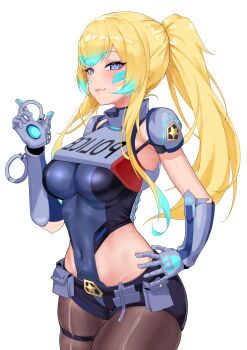 1girl absurdres black_shorts blonde_hair blue_eyes blue_hair breasts ceru_foxhound closed_mouth colored_tips covered_navel cuffs cyborg hand_on_own_hip handcuffs highres holding holding_handcuffs long_hair lunarisbloom mechanical_hands multicolored_hair pantyhose police police_uniform policewoman ponytail short_shorts shorts solo star_(symbol) star_in_eye symbol_in_eye thigh_strap vallure virtual_youtuber