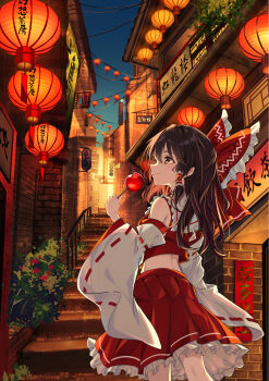 1girl bow brown_eyes brown_hair building candy_apple closed_mouth collared_shirt commentary_request cowboy_shot detached_sleeves evening food frilled_bow frilled_hair_tubes frilled_shirt_collar frilled_skirt frills hair_between_eyes hair_bow hair_tubes hakurei_reimu highres holding holding_candy_apple holding_food lantern long_hair long_sleeves looking_ahead looking_up outdoors paper_lantern pleated_skirt railing red_bow red_ribbon red_shirt red_skirt ribbon ribbon-trimmed_sleeves ribbon_trim shirt sign signature skirt sleeveless sleeveless_shirt smile solo stairs standing touhou white_sleeves wide_sleeves yamanakaume