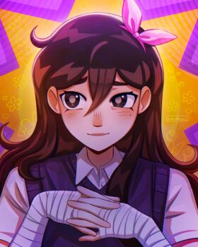 1girl alternate_costume alternate_universe artist_name aubrey_(faraway)_(omori) aubrey_(omori) bandaged_arm bandaged_hand bandages black_eyes black_hair black_sweater_vest blush bright_pupils chromatic_aberration closed_mouth collared_shirt commentary double-parted_bangs english_commentary hair_behind_ear hair_between_eyes hairband highres mole mole_under_eye omori pink_hairband shirt short_sleeves smile solo straight-on sweater_vest uneven_eyes upper_body white_pupils white_shirt zoewillowz