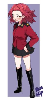 1girl black_skirt blush boots border breasts character_name fang full_body girls_und_panzer hand_on_own_hip highres jacket knee_boots long_hair long_sleeves looking_at_viewer military_uniform miniskirt open_mouth outside_border parted_bangs pleated_skirt purple_background red_hair red_jacket rosehip_(girls_und_panzer) shirt simple_background skirt smile st._gloriana&#039;s_military_uniform standing white_border yellow_eyes zono_404