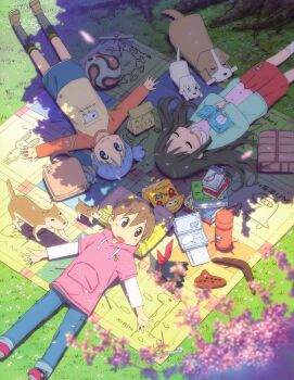 Rule 34 | 3girls, absurdres, aioi yuuko, anime coloring, aqua cardigan, artist request, bag, bag of chips, ball, bandana, black hair, black socks, blue eyes, blue hair, blue pants, blue skirt, blurry, blurry foreground, book, book stack, boomerang, brown dog, brown eyes, brown hair, brown shoes, buddy (nichijou), cardigan, cherry blossoms, closed eyes, closed mouth, crow (nichijou), day, dog, from above, glasses, grass, hair spread out, highres, hood, hoodie, instrument, kamakura (nichijou), layered sleeves, long hair, long sleeves, looking at animal, lying, medium skirt, minakami mai, multiple dogs, multiple girls, naganohara mio, nichijou, no nose, ocarina, official art, oguri cap (nichijou), on back, open cardigan, open clothes, open mouth, outdoors, outstretched arms, pants, petals, picnic blanket, pink hoodie, pink shirt, print shirt, pyon (nichijou), raglan sleeves, red bandana, red skirt, resting, shade, shirt, shoes, short hair, short over long sleeves, short sleeves, short twintails, skirt, sleeping, smile, soccer ball, socks, spread arms, sunlight, t-shirt, thermos, third-party source, tongue, tongue out, tree shade, twintails, unworn eyewear, white dog, yellow bag, yellow shirt