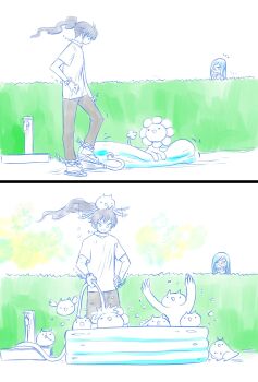 Rule 34 | 1boy, 1girl, black hair, blue hair, bush, cat (nyanko daisensou), cat bird (nyanko daisensou), cat lion (nyanko daisensou), chain, coppermine (nyanko daisensou), faucet, glasses, gross cat (nyanko daisensou), highres, hose, miyamoku musashi (nyanko daisensou), murayamawataru, nyanko daisensou, peeking out, ponytail, pool, splashing, tank cat (nyanko daisensou), wading pool, water, white background