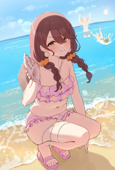 3girls absurdres beach blush braid brown_hair commentary_request earrings flip-flops highres holding_seashell idolmaster jewelry looking_at_viewer low_twin_braids multiple_girls osaki_tenka sandals smile squatting swimsuit twin_braids wanitaroo._(waniwani_panic) water waves