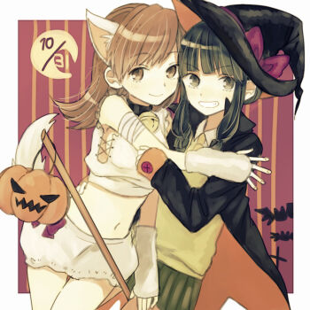 2girls animal_ear_fluff animal_ears arm_warmers bat_(animal) bell black_hair blunt_bangs bow breasts brown_eyes brown_hair collared_shirt commentary_request dated fake_animal_ears fake_tail green_skirt grin halloween halloween_bucket halloween_costume hat hat_bow jingle_bell kantai_collection kitakami_(kancolle) kurodeko long_hair long_sleeves medium_breasts miniskirt multiple_girls neck_bell necktie ooi_(kancolle) pleated_skirt purple_bow shirt sidelocks simple_background skirt smile tail white_skirt witch_hat