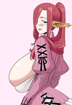 animal_ears blush breasts centaur dress green_eyes horse_ears horse_girl long_hair meamil_airagu mole mole_under_eye monster_girl monster_musume_no_iru_nichijou okayado pink_hair ponytail purple_dress taur