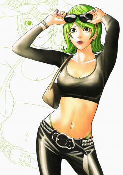 1girl adjusting_eyewear belt black_belt bob_cut bracelet breasts cowboy_shot green_hair hair_ornament hairclip highres jewelry medium_breasts midriff nail_polish nifast_(greentail) obata_takeshi_(style) original panties parted_lips pink_nails solo string_panties sunglasses underwear