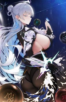 1girl ass bead_bracelet beads blue_hair bodysuit bracelet breasts bridal_gauntlets colored_inner_hair earrings from_behind goddess_of_victory:_nikke grey_hair hair_bun half-closed_eyes highres jewelry large_breasts long_hair mechanical_arms mole mole_on_breast multicolored_hair nayuta_(nikke) sideboob single_mechanical_arm solo thick_eyelashes very_long_hair yozora_(1wkdgusdn)