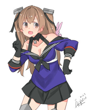 Rule 34 | 1girl, absurdres, black gloves, black skirt, blue serafuku, breasts, brown eyes, brown hair, gloves, hair ornament, highres, inica, johnston (kancolle), kantai collection, light brown hair, long hair, medium breasts, pleated skirt, rabbit, sailor collar, school uniform, serafuku, skirt, twintails