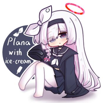 1girl black_choker black_coat black_eyes black_hairband black_jacket black_sailor_collar black_serafuku black_shirt black_skirt blue_archive blush bow braid character_name chibi choker closed_mouth coat colored_inner_hair copyright_name eyes_visible_through_hair full_body grey_eyes hair_over_one_eye hair_ribbon hairband halo jacket knees_up long_hair long_sleeves looking_at_viewer multicolored_hair neckerchief no_shoes nuansede_kekeya open_clothes open_coat open_jacket outline pantyhose parted_lips pink_hair plana_(blue_archive) pleated_skirt red_halo red_pupils ribbon sailor_collar school_uniform serafuku shirt side_braid single_braid sitting skirt sleeves_past_fingers sleeves_past_wrists solo two-tone_hair very_long_hair white_background white_bow white_hair white_neckerchief white_pantyhose white_ribbon