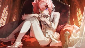 1boy animal_ears arm_on_knee ascot black_nails chair closed_mouth commentary_request dog_ears formal_clothes heterochromia highres looking_at_viewer male_focus on_chair pants red_hair rinu_(stpri) see-through_clothes see-through_veil shoes smile solo stained_glass strawberry_prince suit tail tsukishiro_yashiro veil white_pants white_shoes white_suit
