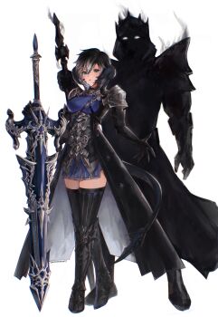 1girl 1other absurdres ambiguous_gender armor armored_boots armored_skirt artist_name au_ra behind_another black_coat black_gloves black_hair black_scales boots coat coconutcatcat commentary commission crossed_legs dark_knight_(final_fantasy) dragon_girl dragon_horns dragon_tail elbow_gloves english_commentary eyed_silhouette final_fantasy final_fantasy_xiv fray_myste freckles full_body gloves glowing glowing_eyes greatsword hair_between_eyes highres holding holding_sword holding_weapon horns looking_at_viewer multicolored_hair open_clothes open_coat open_hand pauldrons short_hair shoulder_armor shoulder_belt signature silhouette simple_background standing streaked_hair sword tail thigh_boots warrior_of_light_(ff14) weapon white_background white_streaks