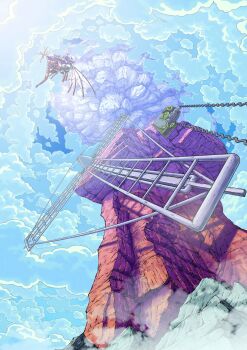 aircraft airship bloom chain cliff cloud cloudy_sky day fantasy floating_island fog foreshortening from_below gears highres jikkujiku no_humans original propeller scenery sky windmill