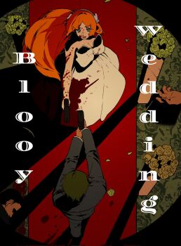 1boy 1girl black_jacket blood blood_on_clothes blood_on_face bow brown_hair commentary dress english_commentary floating_hair from_above green_eyes gun hair_bow heathcliff_(project_moon) highres holding holding_gun holding_weapon ishmael_(project_moon) jacket limbus_company long_hair orange_hair project_moon sidelocks very_long_hair weapon wedding_dress white_bow white_dress yongsadragon