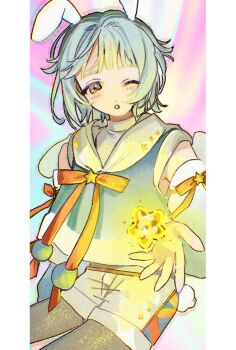 angel_wings animal_ears blue_hair border commentary ensemble_stars! highres light_blush one_eye_closed orange_ribbon purple_eyes rabbit_ears rabbit_tail ribbon shino_hajime short_hair shorts small_stars sonoda36 star_(symbol) symbol-only_commentary tail white_border wings yellow_light