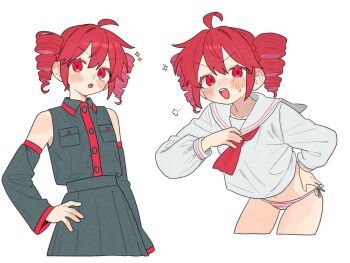 1girl black_shirt black_sleeves breast_pocket colored_eyelashes detached_sleeves drill_hair grey_jacket hand_on_own_hip jacket kasane_teto kasane_teto_(utau) no_pants ofo_j1 open_mouth panties pocket red_eyes red_hair red_trim sailor_collar sailor_shirt shirt sleeveless sleeveless_shirt solo striped_clothes striped_panties sweat twin_drills underwear utau white_background