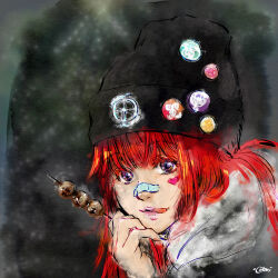 Rule 34 | 1girl, alternate costume, bandaid, beanie, cotori (globule), food, gnosia, hat, heart, heart tattoo, high ponytail, highres, kebab, long hair, long sleeves, looking at viewer, red hair, solo, sq (gnosia), tattoo, tongue, tongue out, upper body