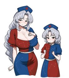 Rule 34 | 2girls, aged down, blush, breasts, cleavage, cocktiel77, hat, huge breasts, multiple girls, size difference, smil, touhou, two-tone dress, yagokoro eirin