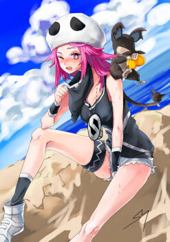 1girl alolan_form alolan_rattata bandana black_bandana black_fur brown_fur buck_teeth closed_eyes commentary_request food gen_7_pokemon hat jewelry mouse_(animal) necklace nintendo open_mouth outdoors pink_eyes pink_hair pokemon pokemon_(creature) pokemon_sun_and_moon sarusaru_naoto short_hair shorts skull-shaped_hat skull_necklace tail tank_top team_skull team_skull_grunt team_skull_uniform teeth unworn_bandana white_hat