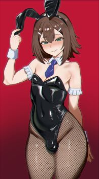 1boy animal_ear_hairband animal_ears baka_to_test_to_shoukanjuu black_leotard blue_necktie blush brown_hair bulge cowboy_shot crossdressing crossdressing_(mtf) detached_collar fake_animal_ears fishnet_pantyhose fishnets gradient_background green_eyes hairband highres kinoshita_hideyoshi leotard male_playboy_bunny medium_hair necktie pantyhose rabbit_ear_hairband rabbit_ears red_background solo standing trap zanegoodell