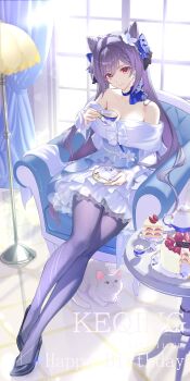 1girl absurdres bare_shoulders birthday_cake black_shoes breasts cake cake_slice cat character_name cleavage closed_mouth commentary cone_hair_bun couch cup dated double_bun dress english_text flower food genshin_impact hair_between_eyes hair_bun hair_flower hair_ornament happy_birthday highres holding holding_cup holding_plate indoors keqing_(genshin_impact) keqing_(resplendent_feast)_(genshin_impact) kokuusinsin long_hair looking_at_viewer official_alternate_costume on_couch pantyhose pink_eyes plate purple_pantyhose shoes sitting smile twintails white_dress
