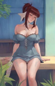 1girl absurdres au_ra bare_shoulders blue_dress breasts closed_mouth commentary dragon_horns dress feet_out_of_frame final_fantasy final_fantasy_xiv freckles highres horns large_breasts looking_at_viewer off-shoulder_dress off_shoulder panties personal_ami ponytail purple_eyes red_hair scales sitting solo tail underwear warrior_of_light_(ff14) white_panties