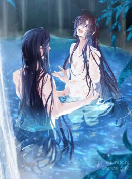 Rule 34 | 2boys, ahoge, alternate costume, bathrobe, black hair, blue eyes, commentary request, couple, hair between eyes, hair down, hands on another's hips, highres, holding water, kanda faf2, lan wangji, leaf, long hair, looking at another, male focus, modao zushi, multiple boys, multiple scars, nude, official alternate hairstyle, onsen, open mouth, outdoors, partially submerged, robe, scar, scar on back, see-through clothes, see-through robe, shared bathing, sidelocks, smile, twitter username, very long hair, water, waterfall, wei wuxian, wet, wet clothes, wet hair, white robe, yaoi