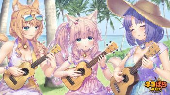 3girls :3 alternate_hairstyle animal_ear_fluff animal_ears arm_strap bell blue_nails blush breasts cat_ears cat_girl cat_tail cinnamon_(nekopara) closed_eyes clothes_writing collar dress food-themed_hair_ornament food_print fraise_(nekopara) fruit_hair_ornament fruit_print game_cg gradient_clothes gradient_dress green_eyes green_nails hair_ornament hair_scrunchie hair_up hat instrument large_breasts looking_at_another looking_at_viewer maple_(nekopara) medium_breasts multicolored_dress multiple_girls music nail_polish neck_bell nekopara official_art open_mouth orange_hair orange_nails outdoors palm_tree parted_lips pink_hair pink_nails playing_instrument ponytail print_dress purple_hair sayori_(neko_works) scrunchie shy side_ponytail sky slit_pupils sun_hat sunglasses sunglasses_on_head swimsuit swimsuit_under_clothes tail tree ukulele water watermark wavy_hair yellow_nails