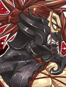 Rule 34 | 1boy, bare pectorals, commentary request, fate/grand order, fate (series), from side, furrowed brow, kokujin youhei, looking at viewer, male focus, mask, muscular, muscular male, outline, pectorals, red background, red hair, solo, spiked hair, tanaka shinbei (fate), v-shaped eyebrows, white outline