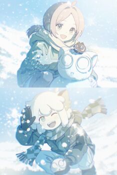 1boy 1girl animal_ears awsj7858 black_mittens cat_boy cat_ears checkered_clothes checkered_scarf coat commentary_request gloves heixiu highres looking_at_viewer luo_xiaobai luo_xiaohei luo_xiaohei_(human) luo_xiaohei_zhanji mittens one_eye_closed open_mouth outdoors pink_hair ponytail scarf short_ponytail smile snow snowball snowman squatting white_gloves white_hair winter winter_clothes winter_coat