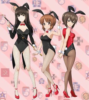 Rule 34 | 3girls, anzio (emblem), arms behind back, breasts, brown eyes, brown hair, cleavage, detached collar, emblem, fishnets, girls und panzer, girls und panzer senshadou daisakusen!, gluteal fold, haiiro purin, hair between eyes, high heels, kuromorimine (emblem), large breasts, long hair, looking at viewer, medium breasts, multiple girls, nishizumi maho, nishizumi miho, nishizumi shiho, pantyhose, playboy bunny, pravda (emblem), rabbit tail, red footwear, saunders (emblem), short hair, smile, st. gloriana's (emblem), standing, standing on one leg, striped background, tail, thighs, wrist cuffs