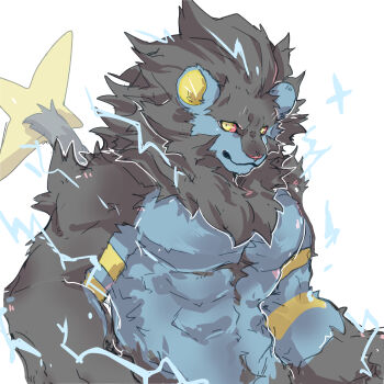 1boy abs absurdres animal_ears bara closed_mouth electricity furrification furry furry_male gen_4_pokemon highres lion_boy lion_ears lion_mane looking_at_viewer luxray male_focus muscular muscular_male nintendo pectorals pokemon pokemon_(creature) sisijimakarashi tail topless_male upper_body white_background