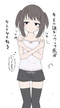 1girl absurdres black_thighhighs blush brown_hair camisole commentary_request crossed_arms feet_out_of_frame flat_color highres looking_to_the_side original short_shorts shorts sidelocks simple_background solo takasuma_hiro thighhighs twintails white_background