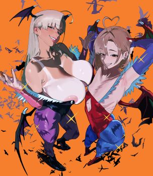 2girls absurdres ahoge animal_print bat_(animal) bat_print breasts character_request commentary cosplay darkstalkers english_commentary head_wings heart heart_ahoge highres hintobento leotard lilith_(darkstalkers) lilith_(darkstalkers)_(cosplay) long_hair mixed-language_commentary mole mole_under_mouth morrigan_aensland morrigan_aensland_(cosplay) multiple_girls orange_background pantyhose print_pantyhose red_leotard short_hair tan tanline wings