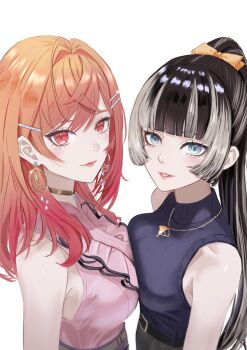 Rule 34 | 2girls, absurdres, ahoge, asymmetrical docking, black hair, black shirt, blouse, blue eyes, blunt bangs, breast press, breasts, center frills, commentary, dhbwinner, earrings, english commentary, frills, gold choker, gradient hair, grey hair, hair ornament, hairclip, high ponytail, highres, hololive, hololive dev is, ichijou ririka, ichijou ririka (1st costume), jewelry, juufuutei raden, large breasts, long hair, looking at viewer, medium breasts, multicolored hair, multiple girls, necklace, orange eyes, orange hair, parted lips, pink hair, pink shirt, ponytail, purple skirt, shirt, shirt tucked in, simple background, skirt, sleeveless, sleeveless shirt, sleeveless turtleneck, straight hair, streaked hair, swept bangs, symmetrical docking, turtleneck, two-tone hair, upper body, very long hair, virtual youtuber, white background