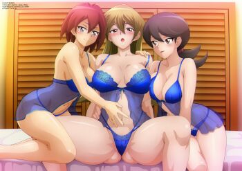 3girls babydoll bed bedroom black_hair blonde_hair blue_babydoll blue_bow blue_panties blush bow bow_panties breasts brown_eyes cleavage collarbone hamaguchi_momoe hand_on_another's_shoulder hand_on_another's_stomach highleg highleg_panties kneeling large_breasts lingerie long_hair looking_at_viewer low_ponytail makurada_junko multiple_girls navel on_bed open_mouth panties ponytail purple_eyes red_hair short_hair sitting smile spread_legs standing tenjouin_asuka underwear yu-gi-oh! yu-gi-oh!_gx yuri zel-sama