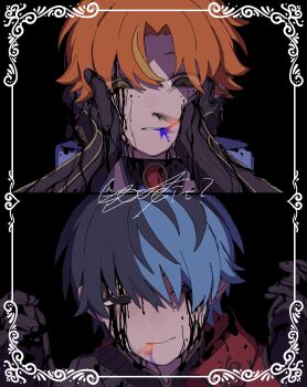 2boys aoyagi_touya black_blood black_gloves blood commentary gloves green_eyes grey_eyes highres himitsu_no_valentine_daisakusen!_(project_sekai) looking_at_another male_focus multicolored_hair multiple_boys never_give_up_cooking!_(project_sekai) official_alternate_costume official_alternate_hairstyle orange_hair project_sekai split_screen surprised teacrown teeth tenma_tsukasa