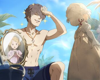 1boy 1girl absurdres black_clover black_clover_m:_rise_of_the_wizard_king blue_shorts blue_sky brother_and_sister brown_eyes brown_hair crab day gauche_adlai hair_over_one_eye highres holding holding_mirror jewelry marie_adlai mirror necklace non-web_source official_alternate_costume official_art open_mouth palm_tree short_hair shorts siblings sky sparkle teeth topless_male tree upper_teeth_only