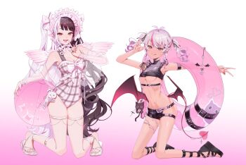 2girls :d :p absurdres alternate_costume ankle_strap antenna_hair arm_strap arm_up armpits atten ball bare_shoulders beachball belt black_belt black_hair black_ribbon black_sandals black_shirt black_shorts black_wings blush bonnet bow breasts casual_one-piece_swimsuit cellphone charm_(object) cleavage_cutout closed_mouth clothing_cutout commentary_request covered_navel cropped_shirt cross dark_skin demon_girl demon_tail demon_wings eyelashes eyeshadow feathered_wings frilled_bonnet frilled_one-piece_swimsuit frilled_shirt frills gradient_background gradient_wings grey_hair hair_ornament hair_ribbon hand_up high_belt highres hip_vent holding holding_ball holding_beachball holding_swim_ring index_finger_raised innertube jacket jacket_partially_removed kneeling latin_cross long_hair long_sidelocks long_sleeves looking_at_viewer low_wings makeup matsukai_mao medium_breasts multicolored_eyes multicolored_hair multicolored_wings multiple_girls nail_polish navel nijisanji one-piece_swimsuit open_mouth phone pink_background pink_bonnet pink_bow pink_eyes pink_hair pink_nails pink_one-piece_swimsuit pink_tail pink_wings plaid_one-piece_swimsuit platform_sandals purple_eyes red_eyeshadow ribbon sandals see-through_clothes see-through_jacket shin_strap shirt shorts sidelocks simple_background sleeveless sleeveless_shirt small_breasts smartphone smartphone_on_strap smile split-color_hair stomach streaked_hair swim_ring swimsuit tail tail_ornament teeth thigh_strap toenail_polish toenails tongue tongue_out turtleneck twintails two-tone_eyes two_side_up underboob v very_long_hair virtual_youtuber white_background white_hair white_sandals wings x_hair_ornament yorumi_rena