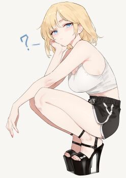 1girl ? absurdres alternate_costume bare_legs black_shoes black_shorts blonde_hair blue_eyes bluefield breasts cleavage commentary feet fingernails full_body grey_background high_heel_sandals high_heels highres hololive hololive_english large_breasts legs looking_at_viewer medium_breasts platform_heels sandals shoes short_hair shorts sideboob simple_background solo squatting strappy_heels thighs toenails toes virtual_youtuber watson_amelia
