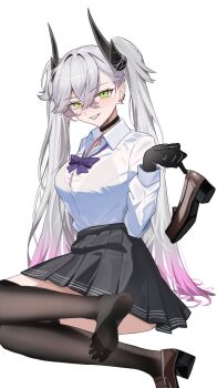 1girl absurdres black_skirt breasts commentary demon_horns fate/grand_order fate_(series) green_eyes highres horns kaworu13 large_breasts lilith_(fate) looking_at_viewer pink_hair pleated_skirt see-through_clothes see-through_shirt shirt skirt smile solo twintails white_hair white_shirt