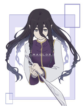 1boy black_hair braid character_name closed_mouth elf floating_hair grey_eyes hair_between_eyes highres holding holding_sword holding_weapon long_hair maglor male_focus pixiv_id_43894224 pointy_ears solo sword the_silmarillion tolkien's_legendarium upper_body weapon