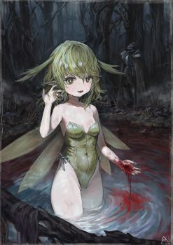 1boy 1girl absurdres black_souls blood blood_on_hands breasts commentary_request covered_navel fairy fairy_wings forest green_eyes green_hair green_leotard grimm_(black_souls) groin hair_flaps highleg highleg_leotard highres leaf_(black_souls) leotard looking_at_viewer nature outdoors pond ropeperson short_hair small_breasts smile strapless strapless_leotard thighs wings
