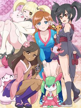4girls absurdres aromatisse black_hair blonde_hair blue_eyes blush breasts brown_eyes brown_hair dark-skinned_female dark_skin dedenne detached_sleeves earrings flower furisode furisode_girl_(pokemon) furisode_girl_blossom furisode_girl_kali furisode_girl_katherine furisode_girl_linnea gen_3_pokemon gen_6_pokemon hair_flower hair_ornament highres holding japanese_clothes jewelry kimono kirlia klefki long_hair looking_at_viewer medium_breasts multiple_girls nintendo open_mouth pokemoa pokemon pokemon_(creature) pokemon_masters_ex pokemon_xy slurpuff small_breasts smile socks swirlix twintails wide_sleeves yellow_eyes