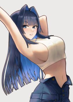 1girl absurdres arm_above_head arm_behind_head bare_arms blue_eyes blue_hair blue_pants blunt_bangs breasts colored_inner_hair commentary cowboy_shot denim eneeues from_side grey_background hair_intakes hashtag-only_commentary high-waist_pants highres hololive hololive_english jeans large_breasts long_hair looking_at_viewer midriff multicolored_hair navel official_alternate_costume official_alternate_hair_length official_alternate_hairstyle ouro_kronii ouro_kronii_(casual) pants parted_lips partially_unbuttoned sideboob simple_background solo sweater teeth turtleneck virtual_youtuber white_sweater