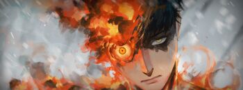 1boy absurdres agni_(fire_punch) black_hair burn_scar burning close-up closed_mouth fire fire_punch flaming_eye highres looking_at_viewer male_focus niri_(eunhaha02) scar short_hair snowing solo very_short_hair yellow_eyes